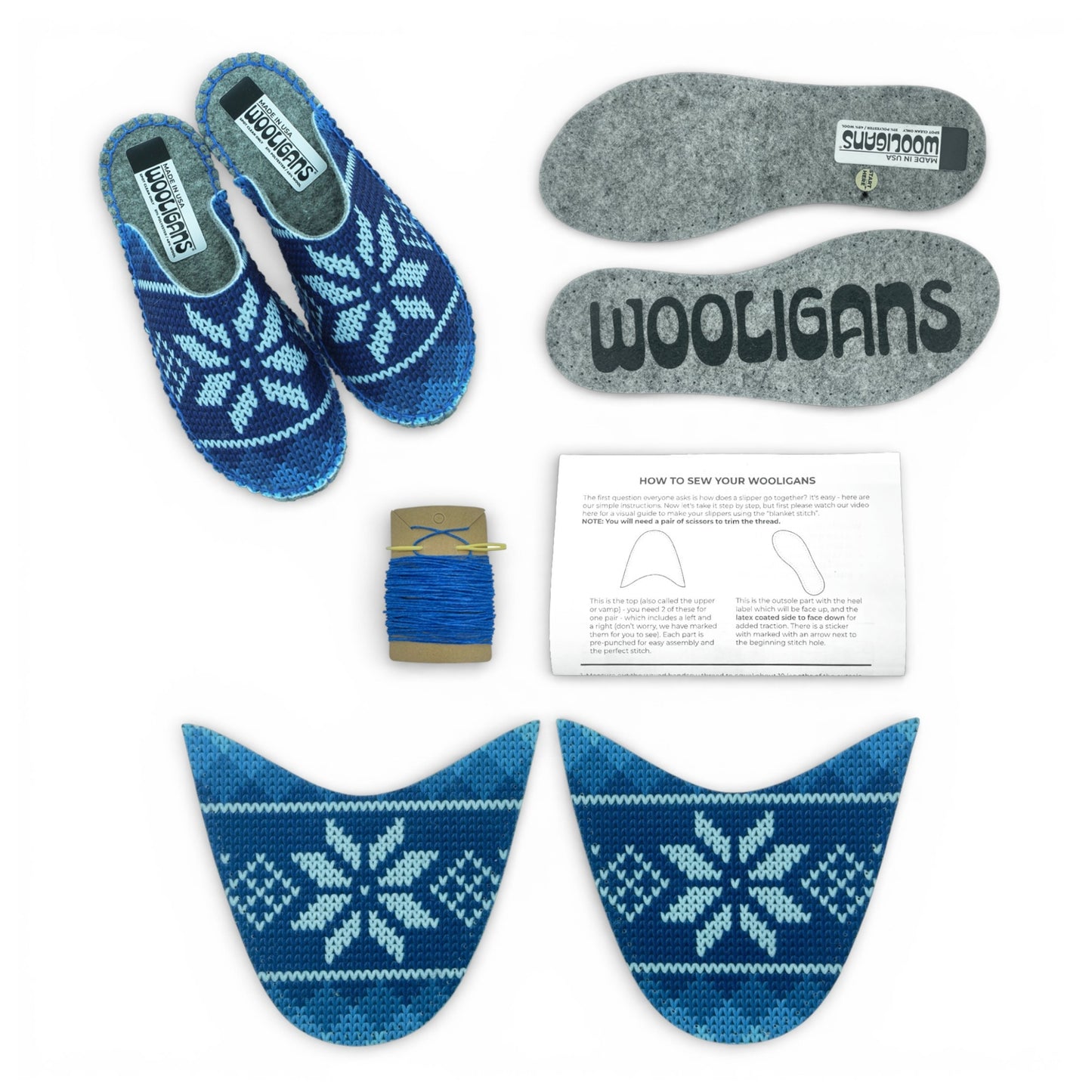 DIY Slipper Kit – BLUE SNOWFLAKE PRINT