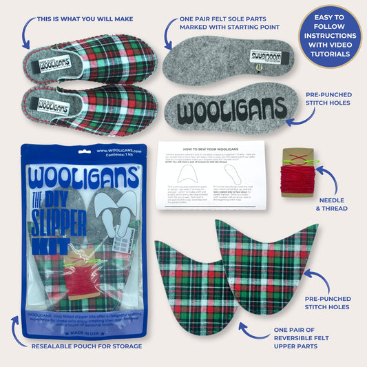 Tartan print DIY slipper kit contents: felt soles, plaid felt uppers, needle and thread, instructions and resealable pouch