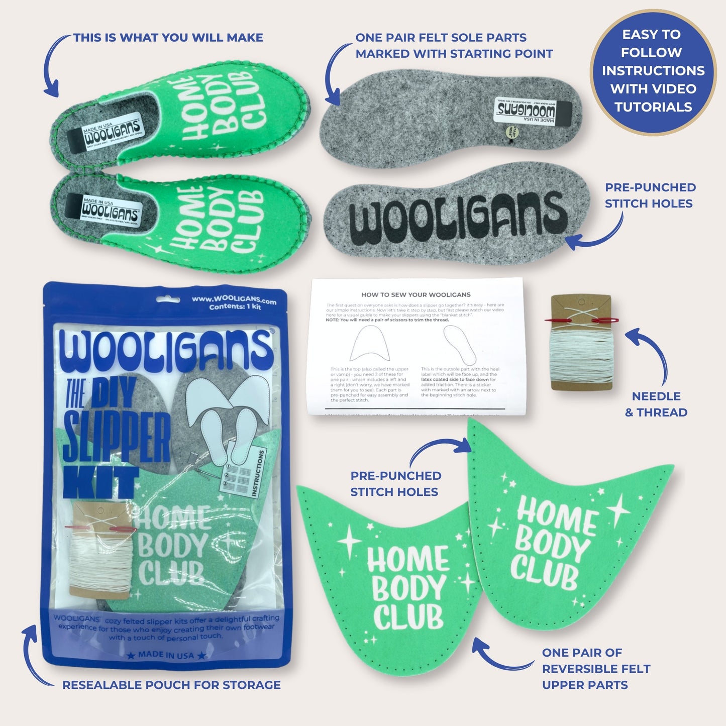 Home Body – WOOLIGANS DIY Slipper Kit | Hygge Cozy Beginner Sewing Craft Kit & Self-Care Gift