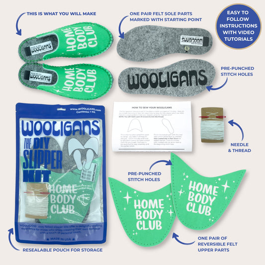 Home Body – WOOLIGANS DIY Slipper Kit | Hygge Cozy Beginner Sewing Craft Kit & Self-Care Gift