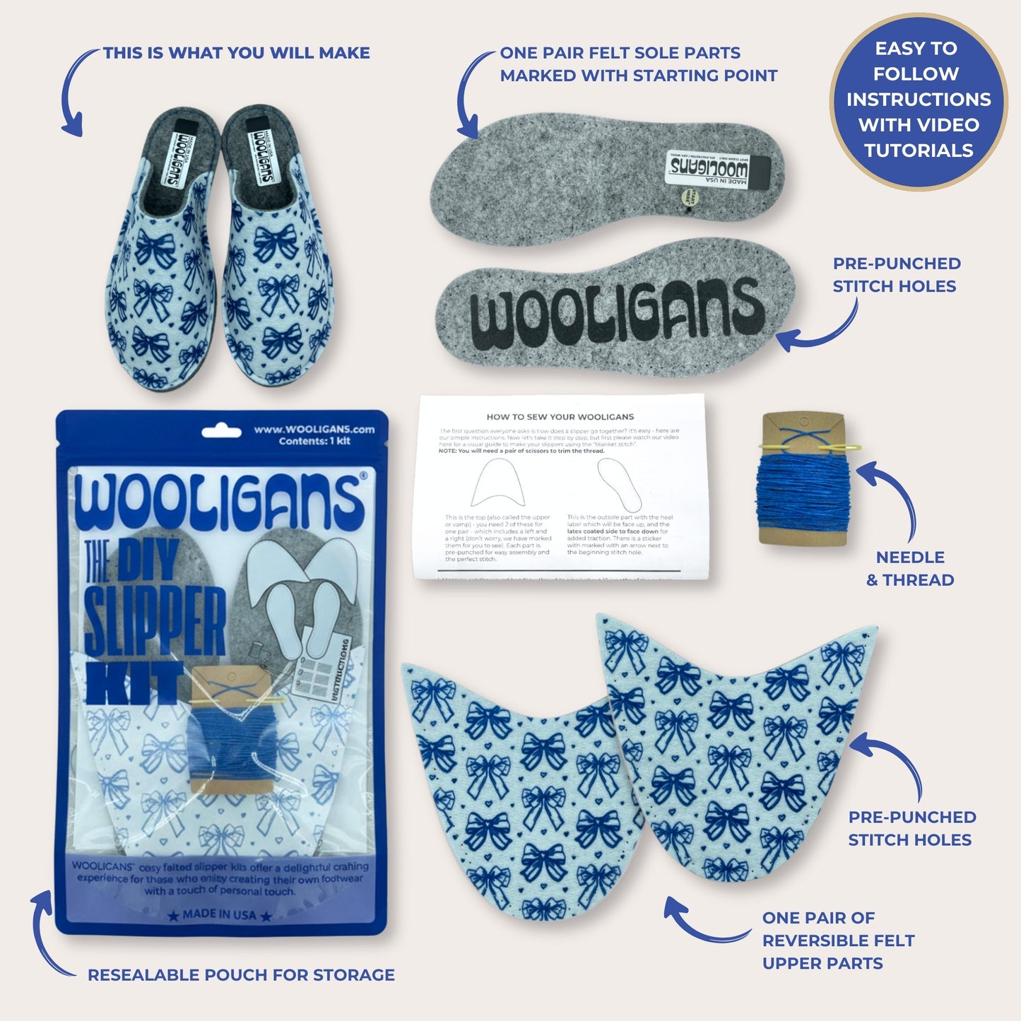 Pretty Tied Up – WOOLIGANS DIY Slipper Kit | Easy Beginner Craft & Relaxing At-Home Activity Gift