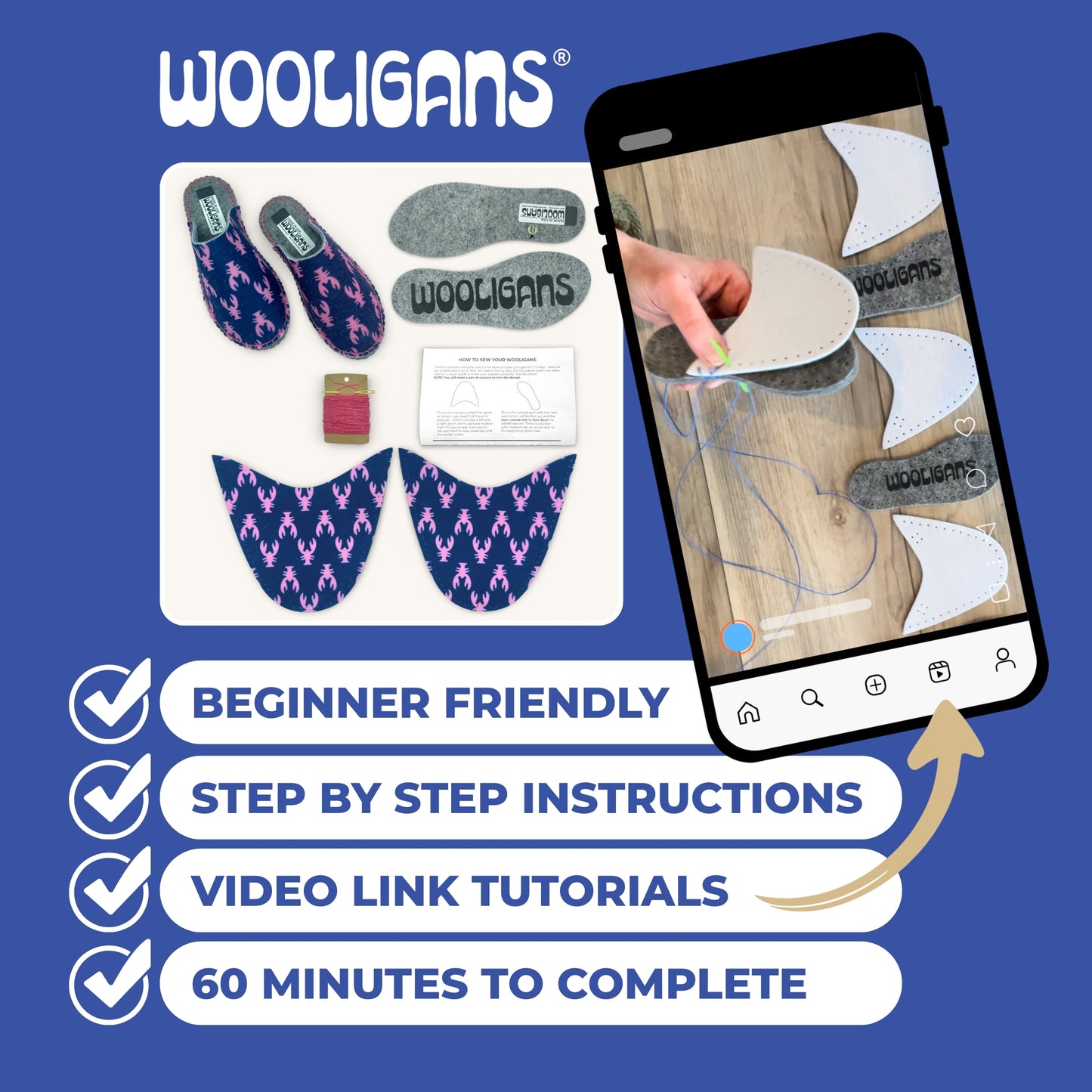 Pink Lobster – WOOLIGANS DIY Slipper Kit | Coastal New England Sew-Your-Own Craft Kit & Cozy Gift