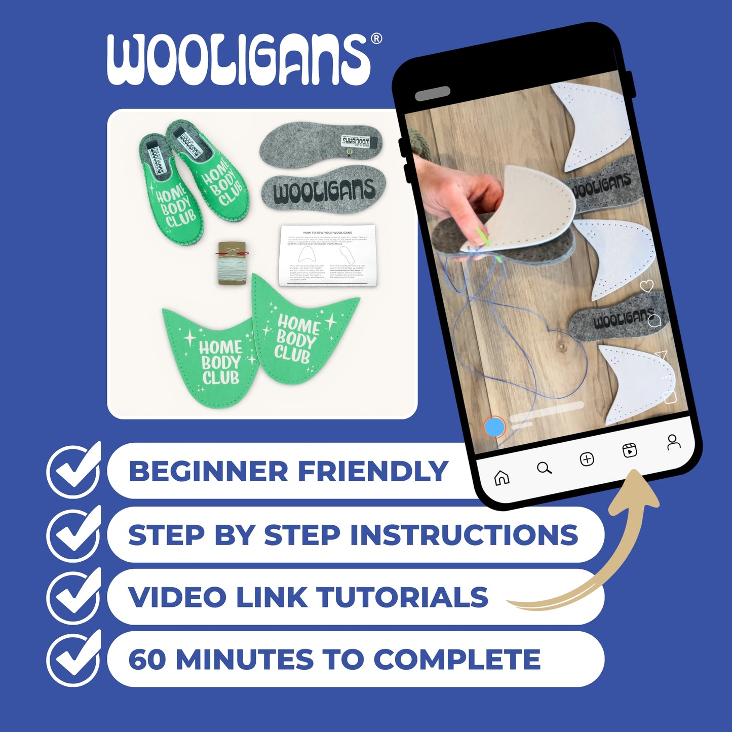 Home Body – WOOLIGANS DIY Slipper Kit | Hygge Cozy Beginner Sewing Craft Kit & Self-Care Gift