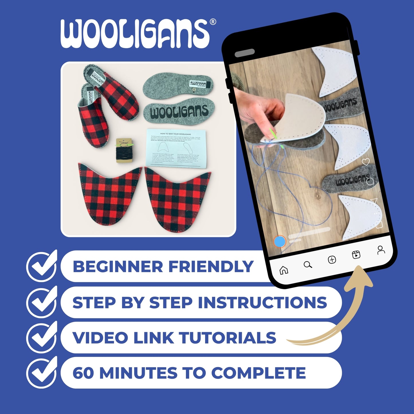 Buffalo Check – WOOLIGANS DIY Slipper Kit | Beginner Needlecraft Sewing Kit & Cozy Gift