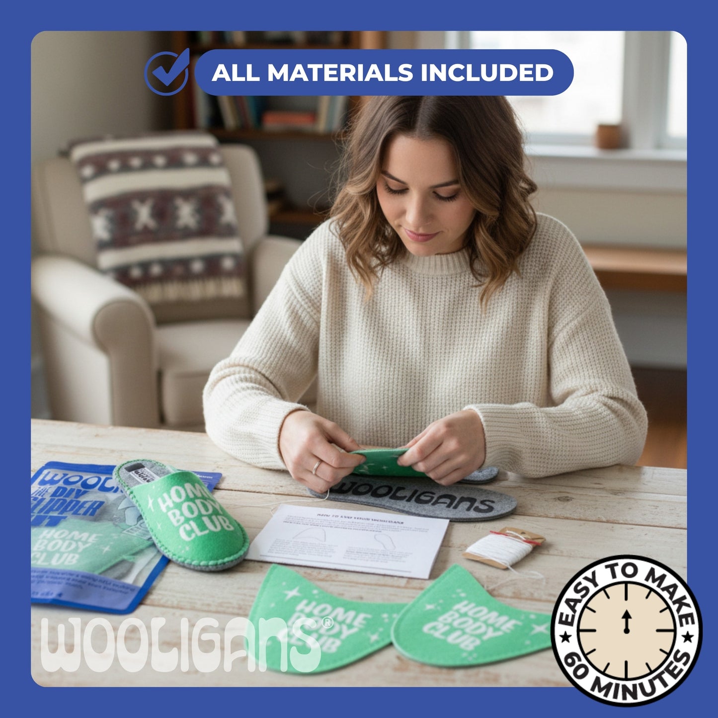 Home Body – WOOLIGANS DIY Slipper Kit | Hygge Cozy Beginner Sewing Craft Kit & Self-Care Gift