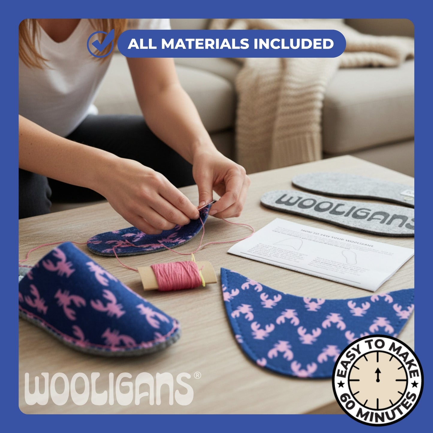 Pink Lobster – WOOLIGANS DIY Slipper Kit | Coastal New England Sew-Your-Own Craft Kit & Cozy Gift