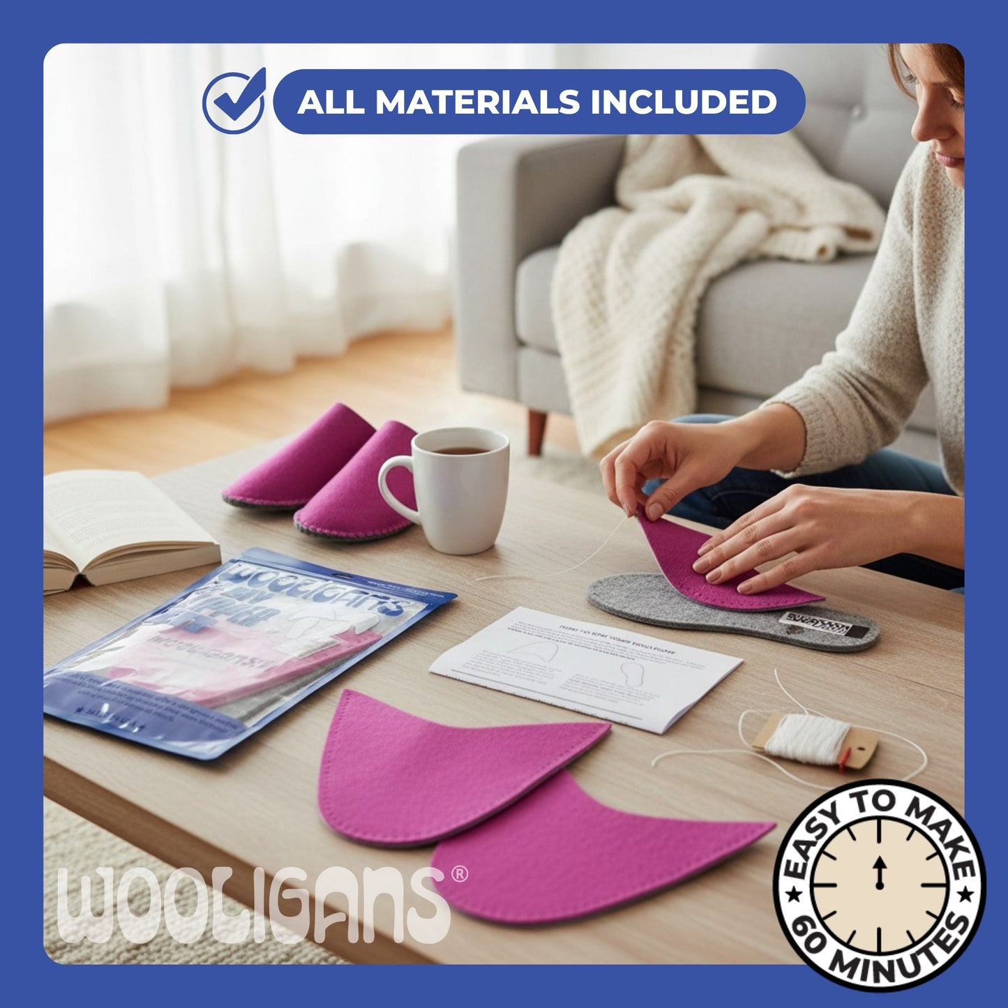 PINK PASSION – WOOLIGANS DIY Slipper Kit | Easy Beginner Craft & Relaxing At-Home Activity Gift