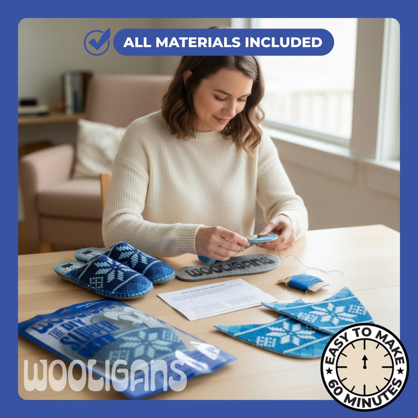 DIY Slipper Kit – BLUE SNOWFLAKE PRINT