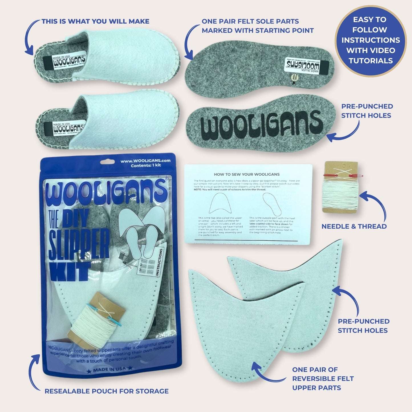 Classic Solid – WOOLIGANS DIY Slipper Kit | Hygge Cozy Beginner Sewing Kit + Blank Canvas for Personalization