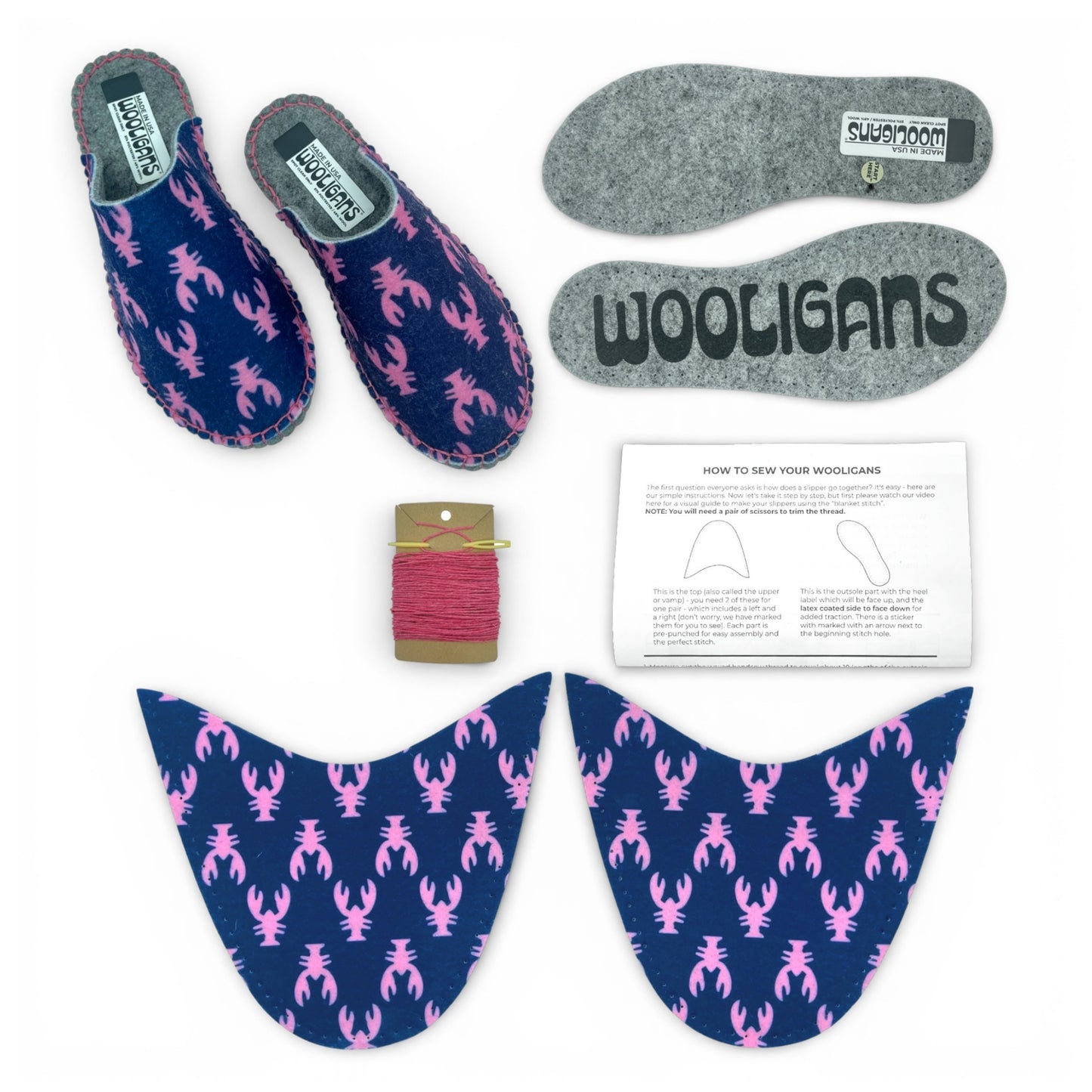 Pink Lobster – WOOLIGANS DIY Slipper Kit | Coastal New England Sew-Your-Own Craft Kit & Cozy Gift