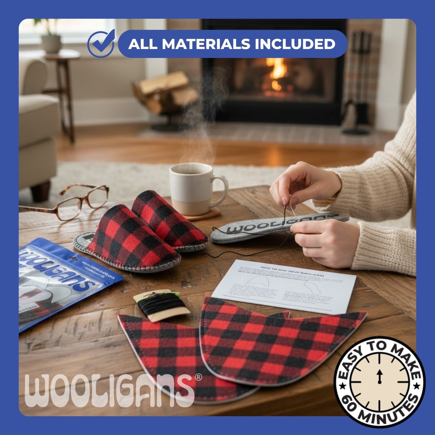 Buffalo Check – WOOLIGANS DIY Slipper Kit | Beginner Needlecraft Sewing Kit & Cozy Gift