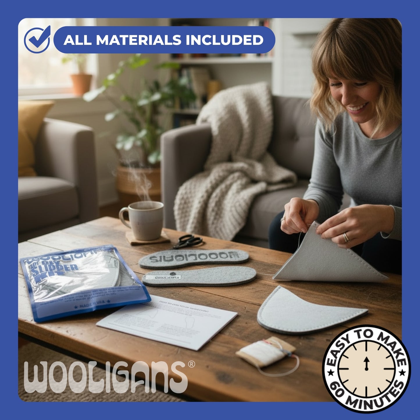 Classic Solid – WOOLIGANS DIY Slipper Kit | Hygge Cozy Beginner Sewing Kit + Blank Canvas for Personalization