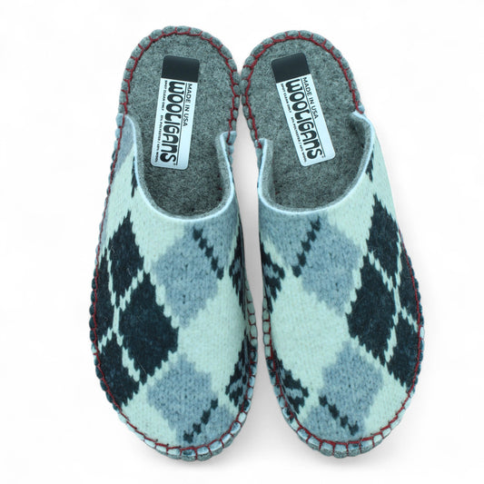 Pair of finished mint and navy Modern Argyle WOOLIGANS DIY slippers on a white background