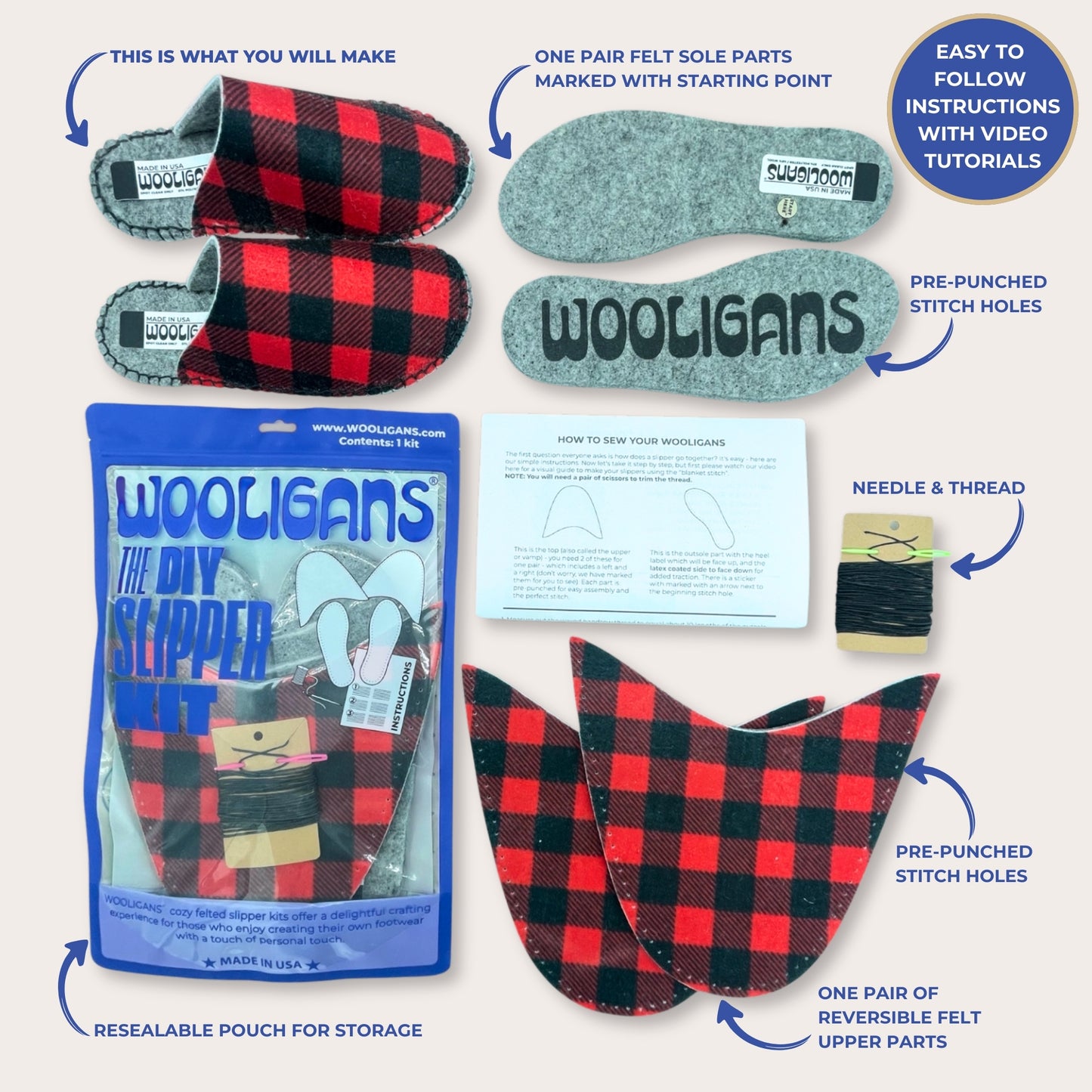 Buffalo Check – WOOLIGANS DIY Slipper Kit | Beginner Needlecraft Sewing Kit & Cozy Gift