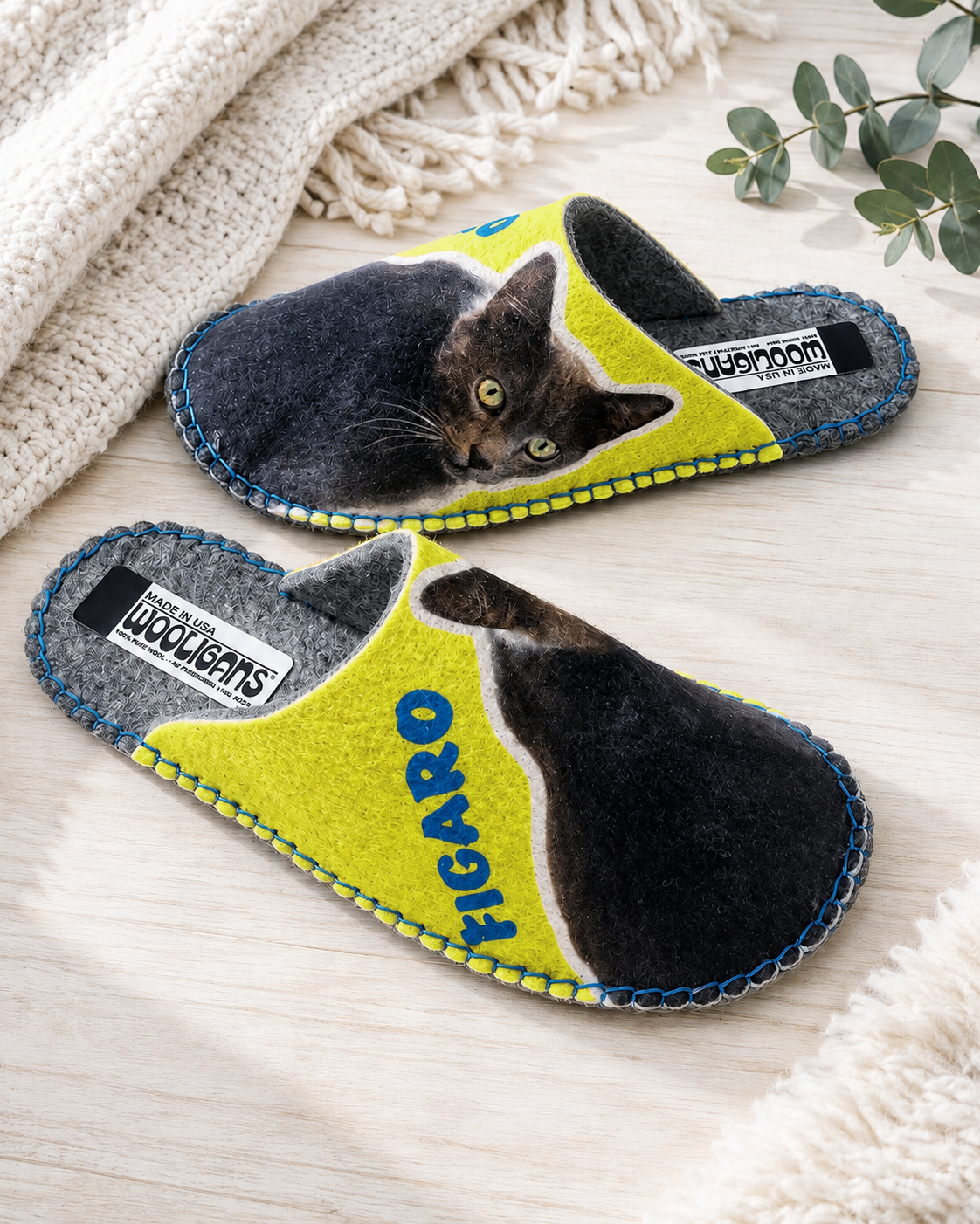 Custom photo WOOLIGANS slipper printed with a gray cat's face and the name Figaro