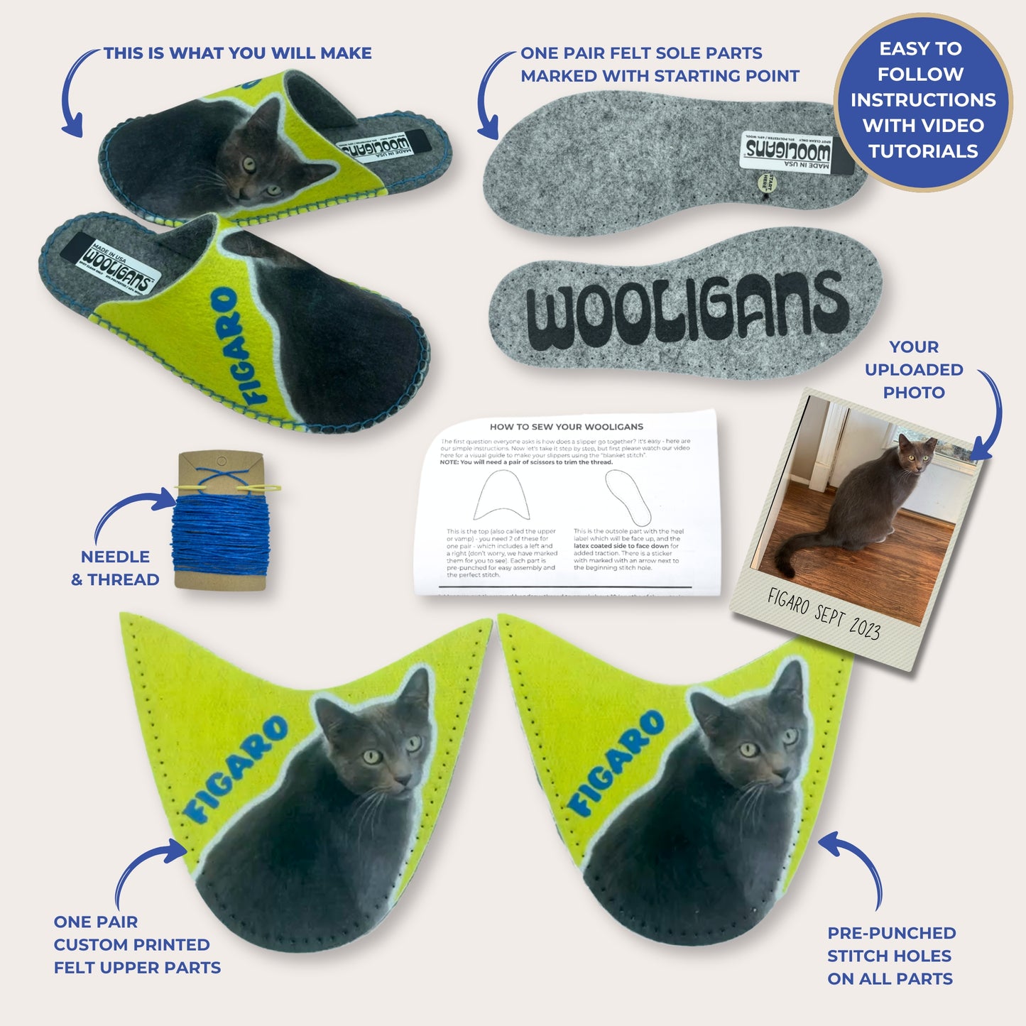 Custom Photo slipper kit contents with a cat photo and the name Figaro printed on yellow felt uppers