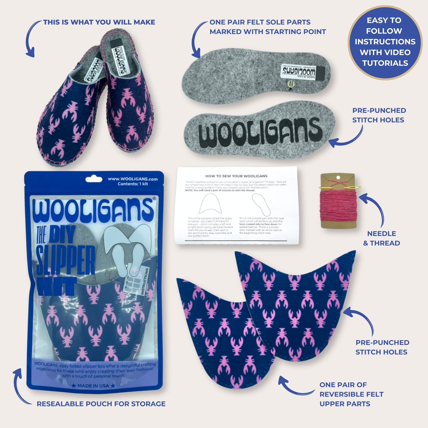 Pink Lobster – WOOLIGANS DIY Slipper Kit | Coastal New England Sew-Your-Own Craft Kit & Cozy Gift