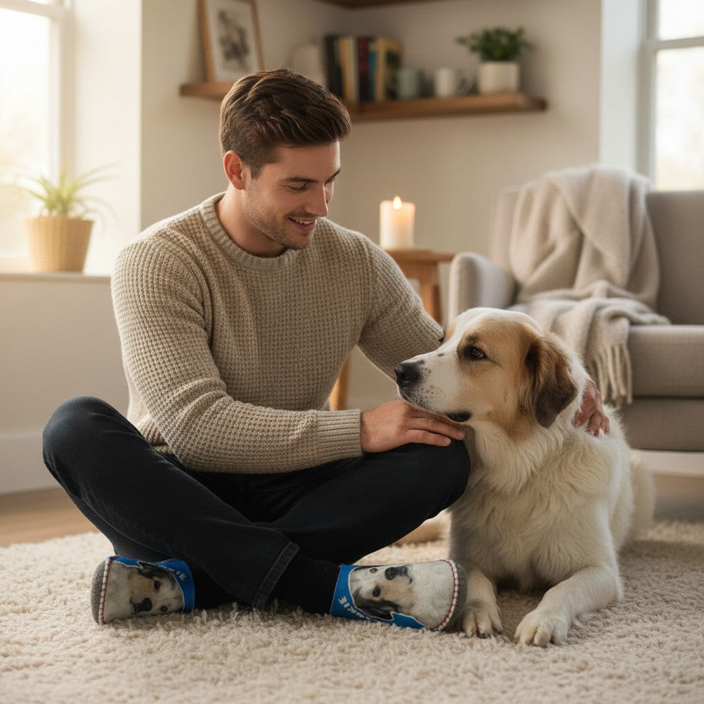 Man petting a golden retriever on a rug while wearing custom photo slippers printed with his dog