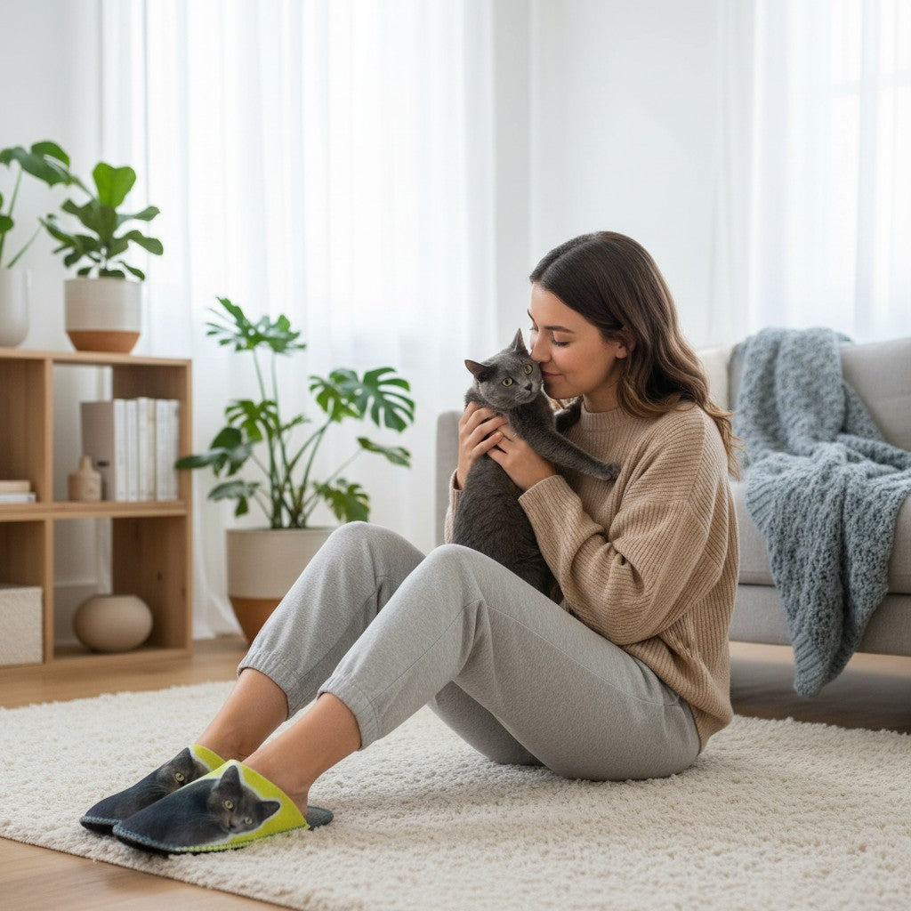 Woman holding a gray cat on a living room rug while wearing custom photo slippers printed with her cat